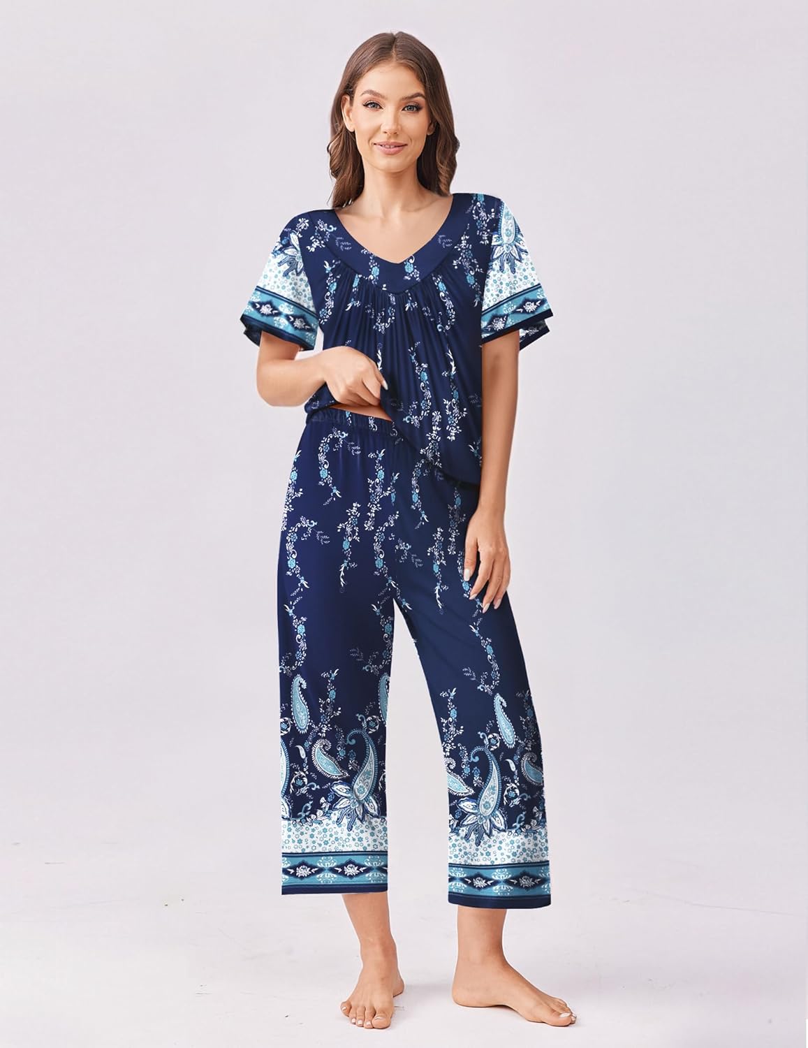 Floral capri pajama set with short sleeves, dark navy floral print with teal border