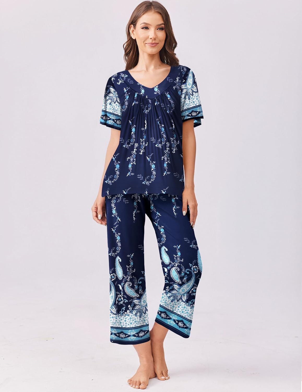 Floral capri pajama set with short sleeves, navy blue floral and paisley print