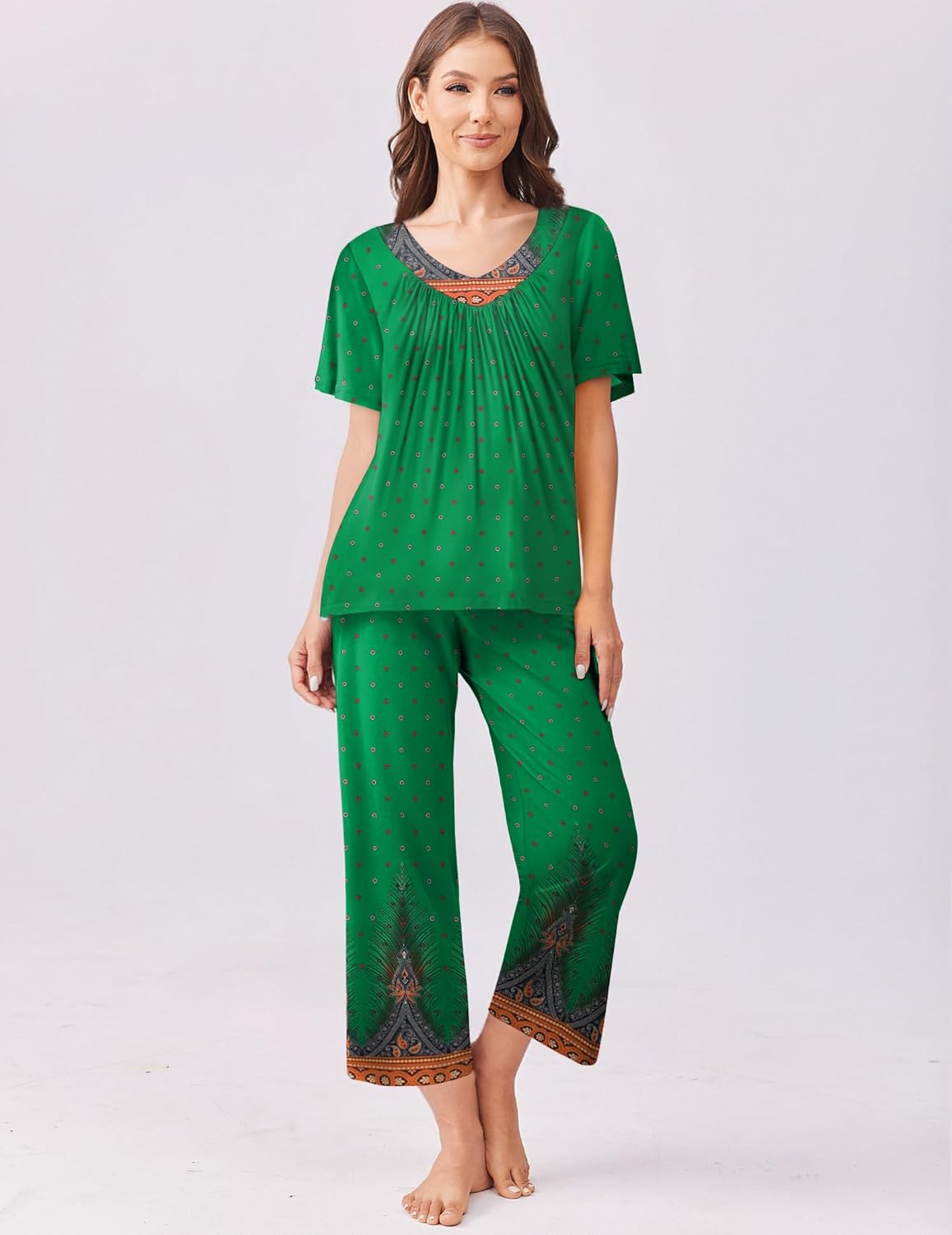 Green patterned capri pajama set with short-sleeve top and matching cropped pants