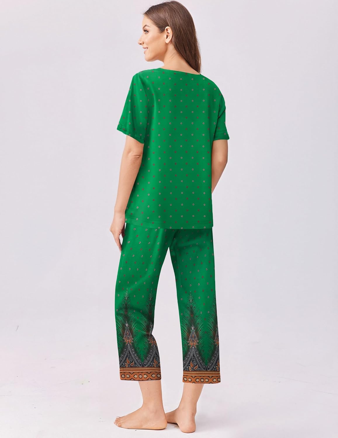 Green patterned capri pajama set with short-sleeve top and cropped pants back view