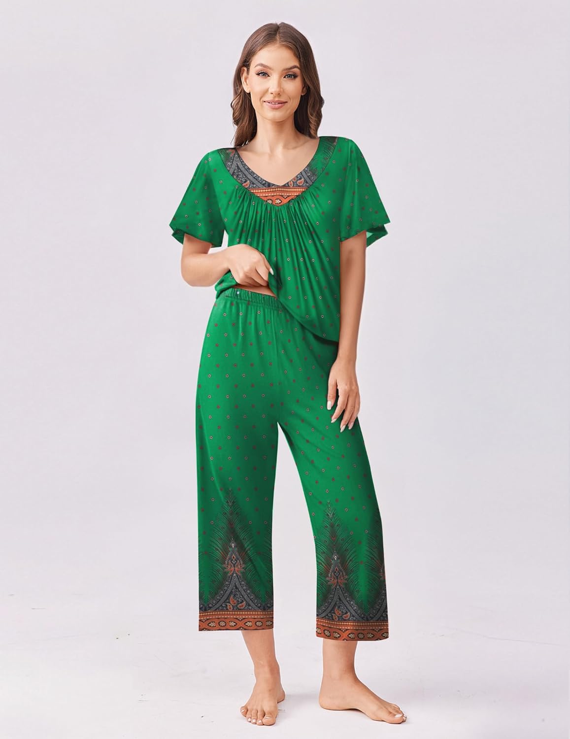 Green capri pajama set with gathered short-sleeve top and matching cropped pants