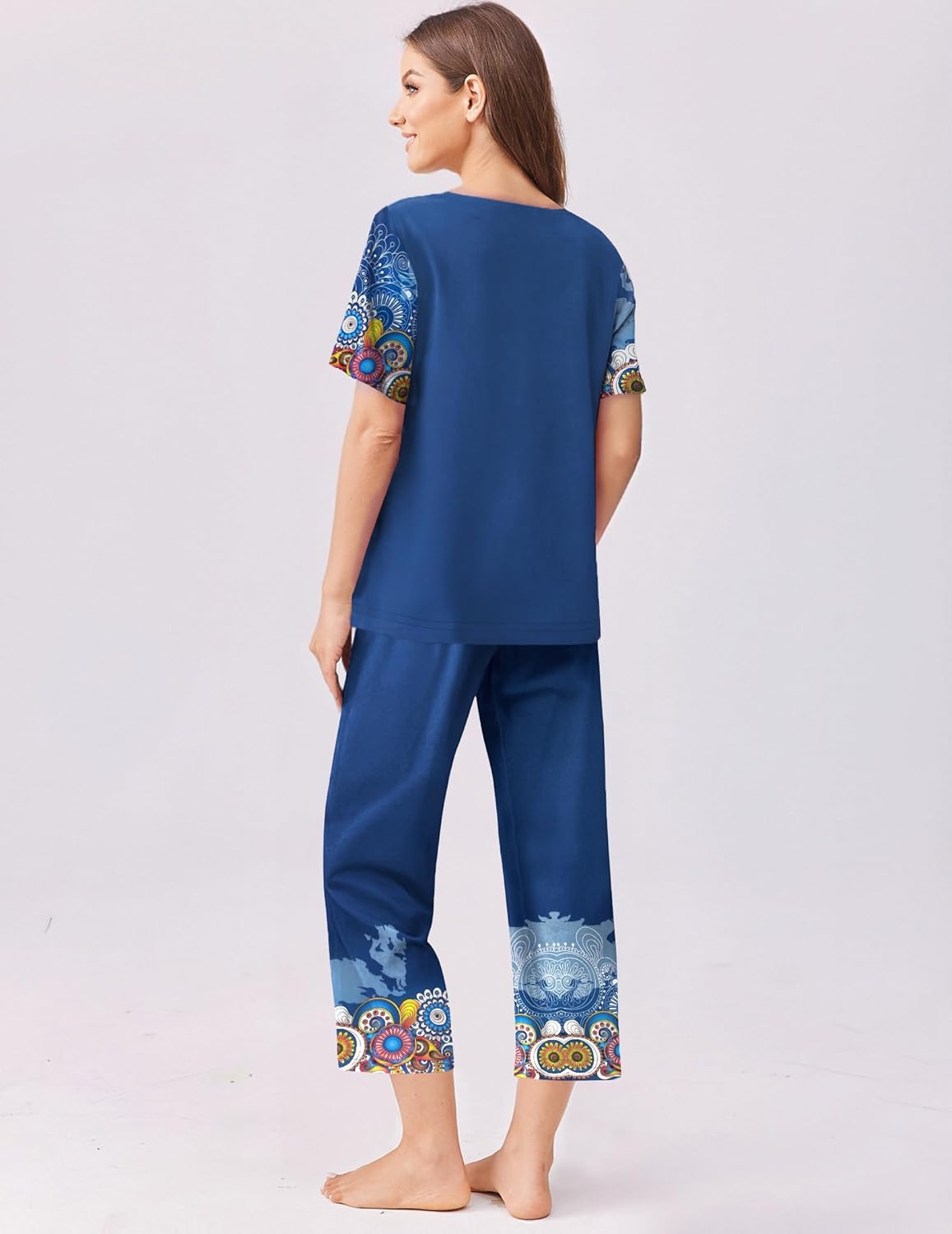Blue short-sleeve pajama set with matching capri pants, back view