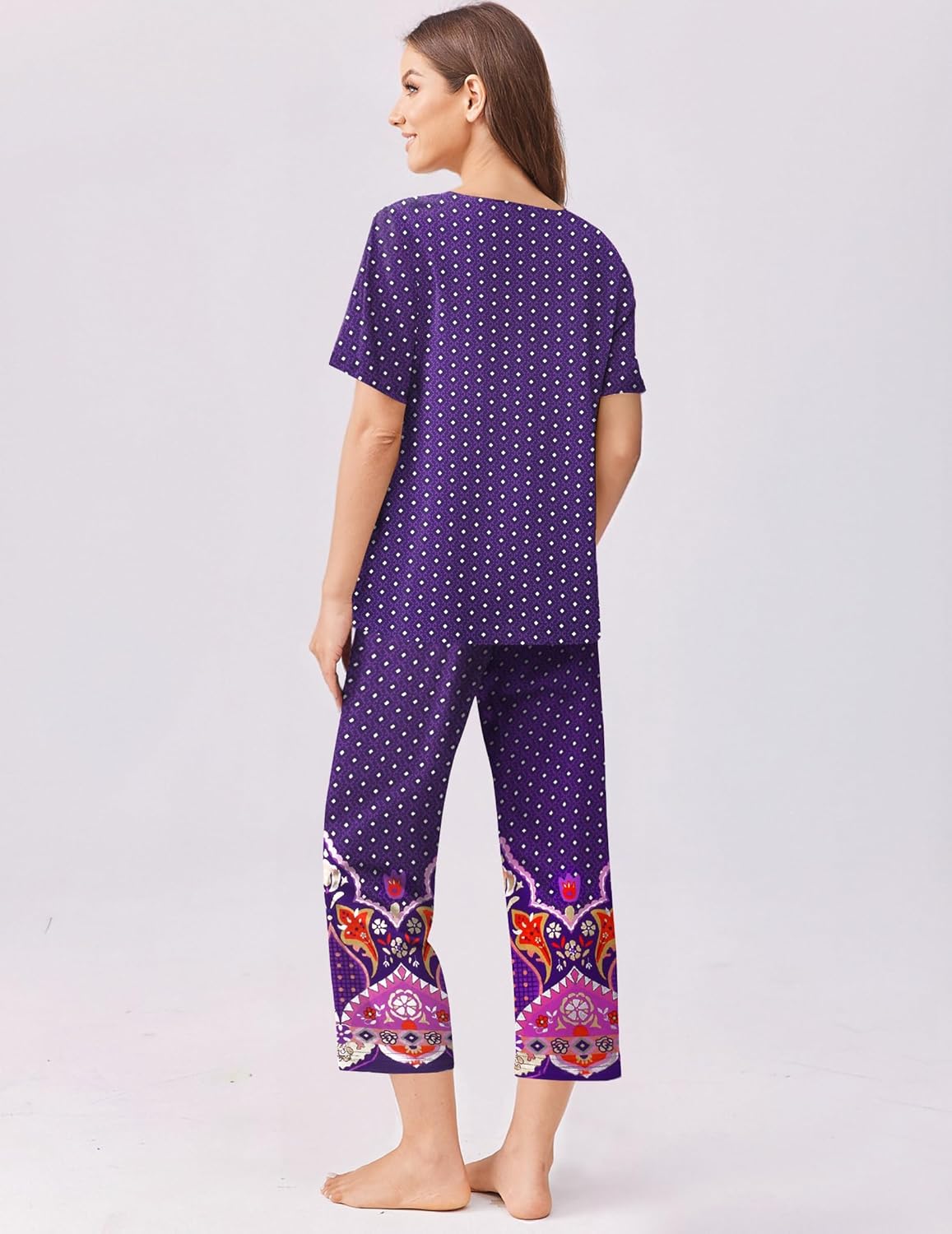 Floral capri pajama set with short sleeves, purple dotted print and colorful patterned hems