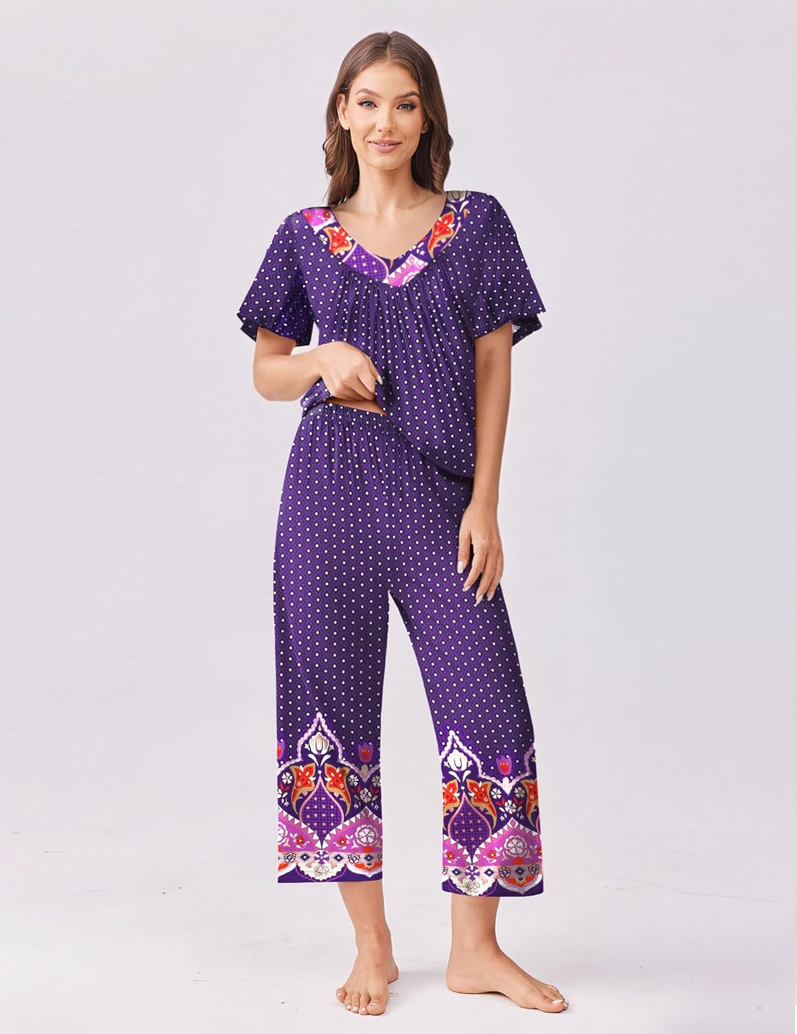 Floral capri pajama set with short sleeves, purple dotted print with ornate border designs