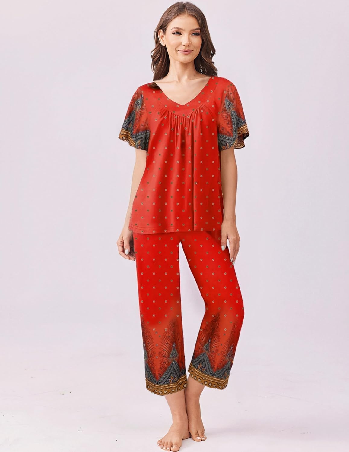 Red dotted pajama top and capri pants set with embroidered border hems