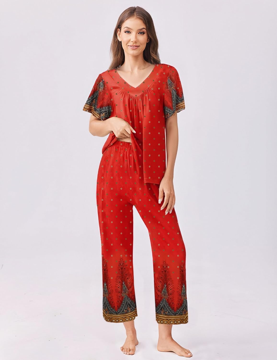 Red short-sleeve pajama top and capri pants set with small star print