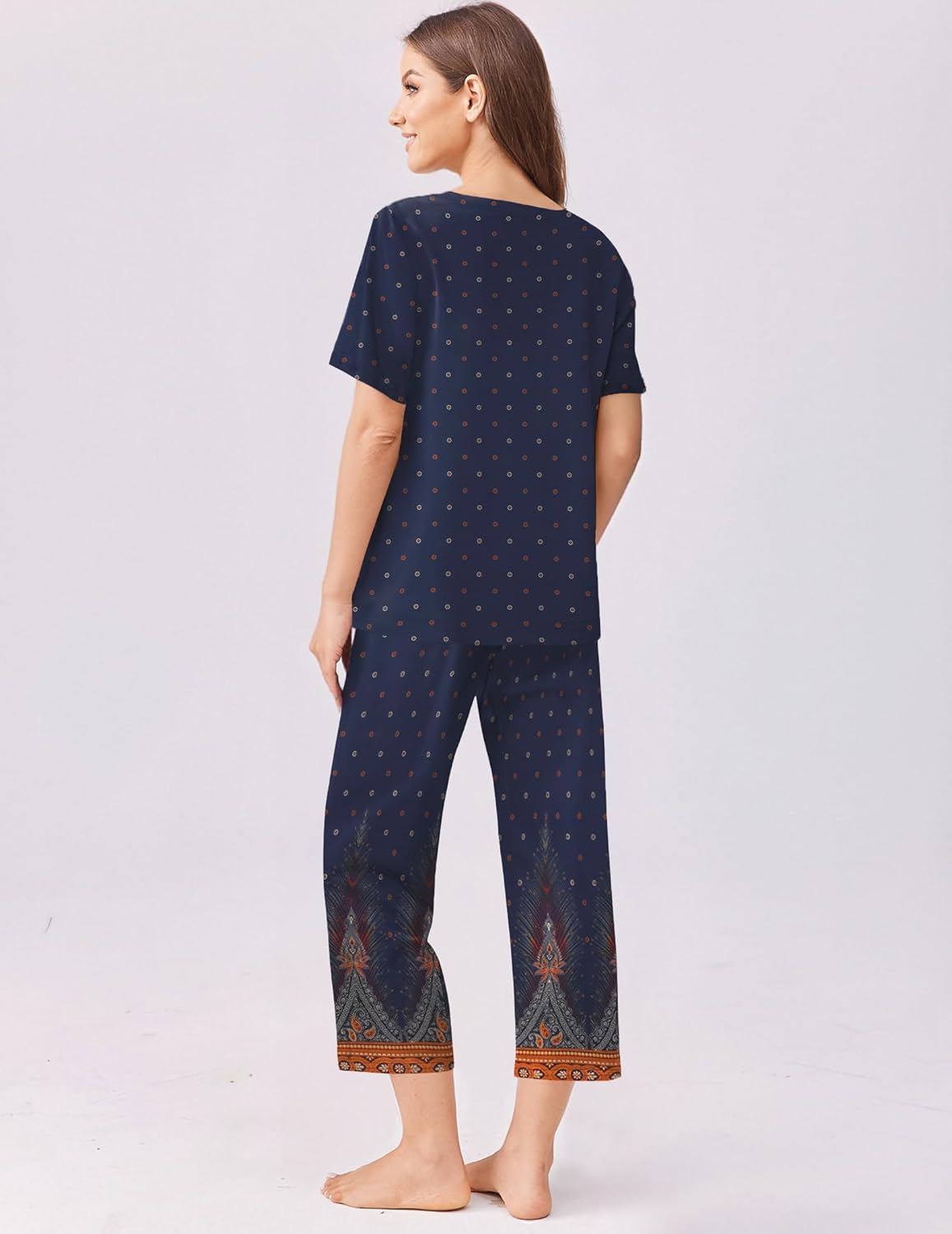 Floral capri pajama set with short sleeves, dark navy dotted print and patterned cuffs