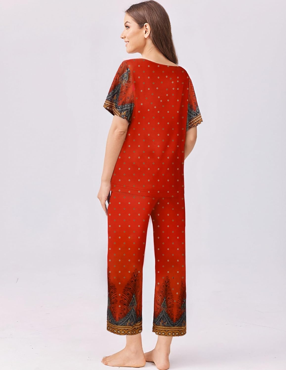 Red short-sleeve pajama top and capri pants set with dotted pattern and border trim