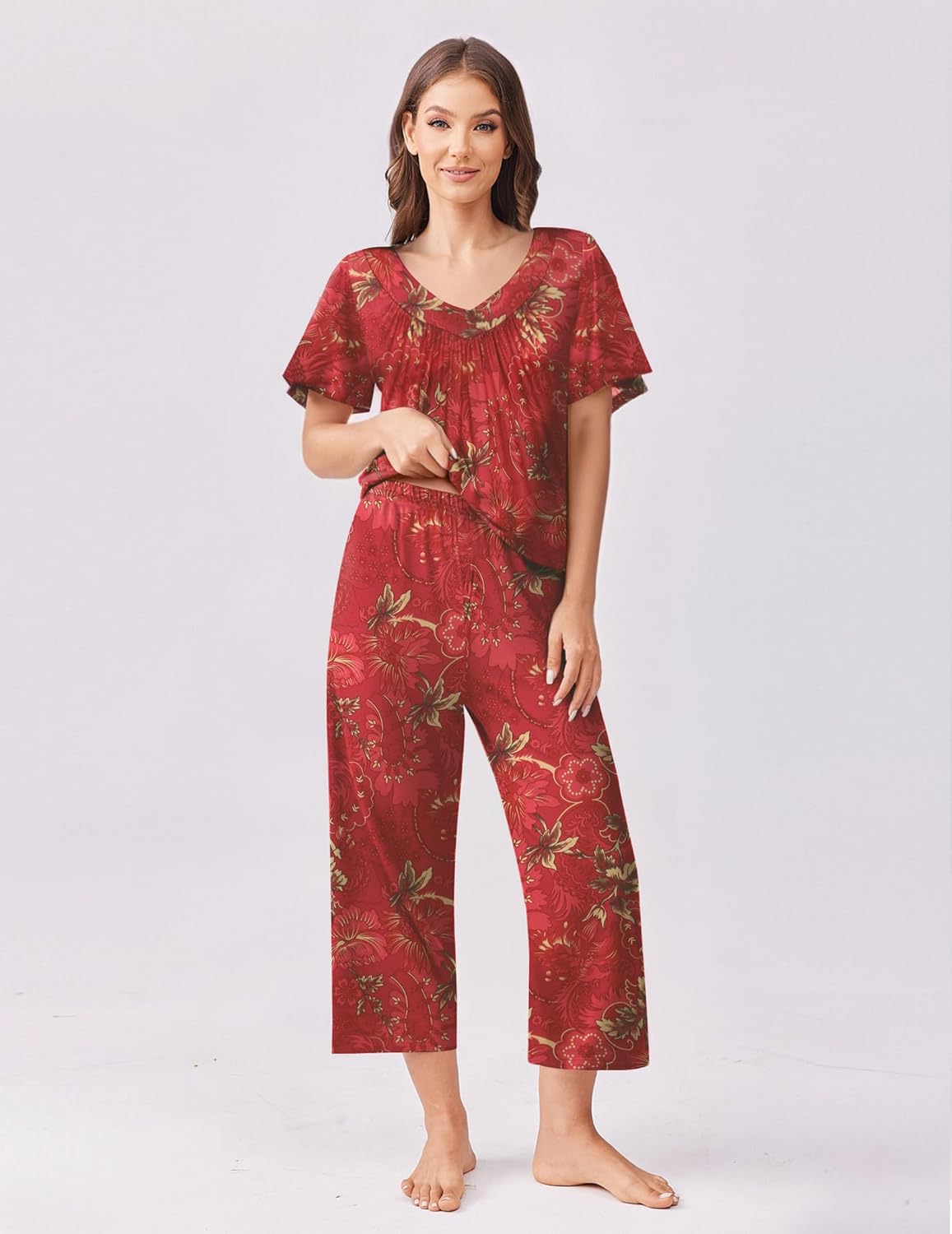 Red floral capri pajama set with short-sleeve top and matching cropped pants