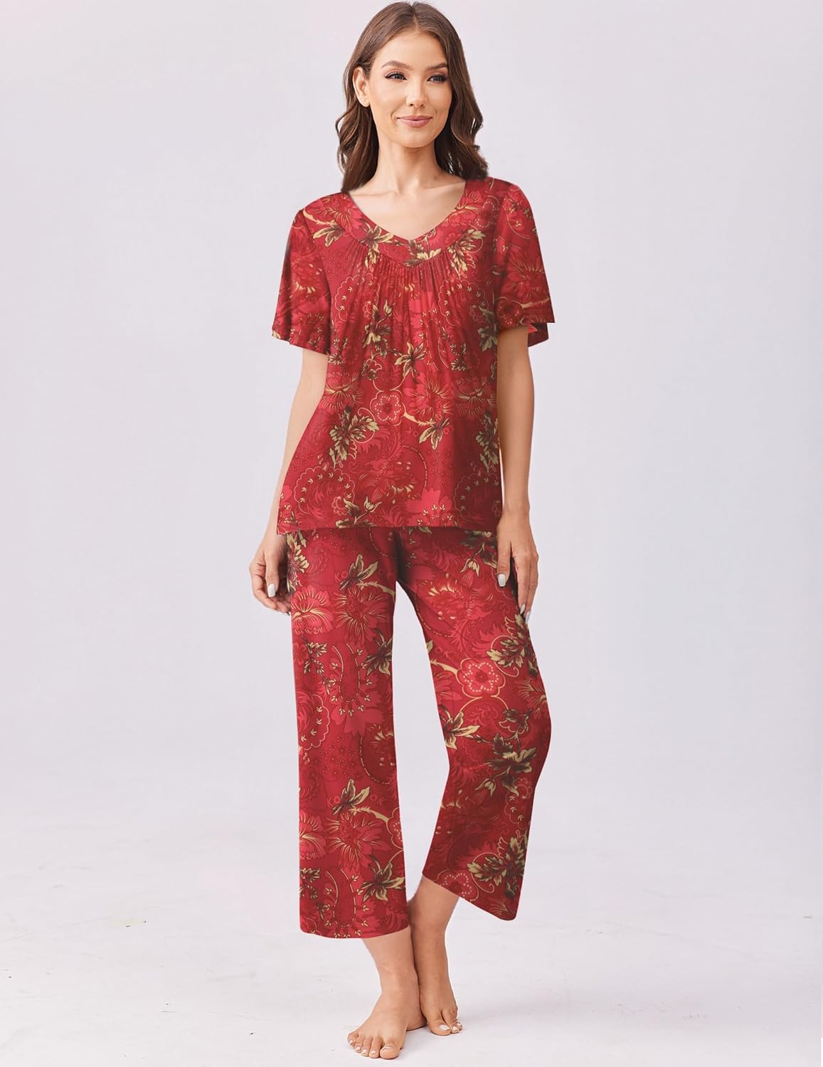 Floral capri pajama set with short sleeves, red botanical print and matching capri pants