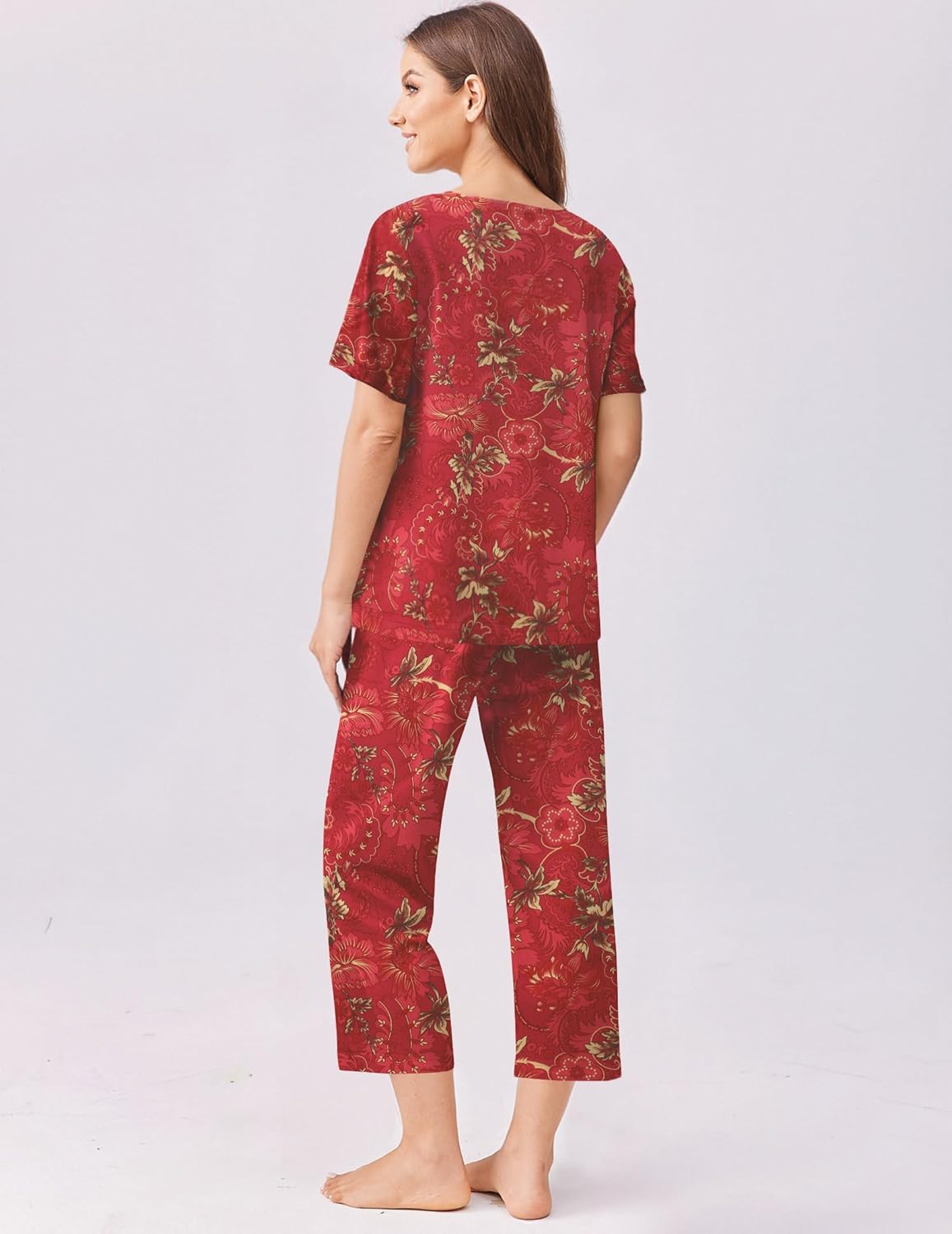 Floral capri pajama set with short sleeves, red floral print on top and capri pants