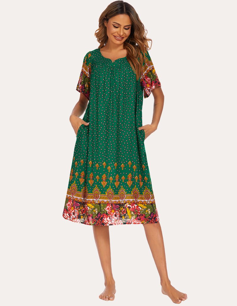 Floral print nightgown with V-neck, short sleeves, green pattern with multicolor hem