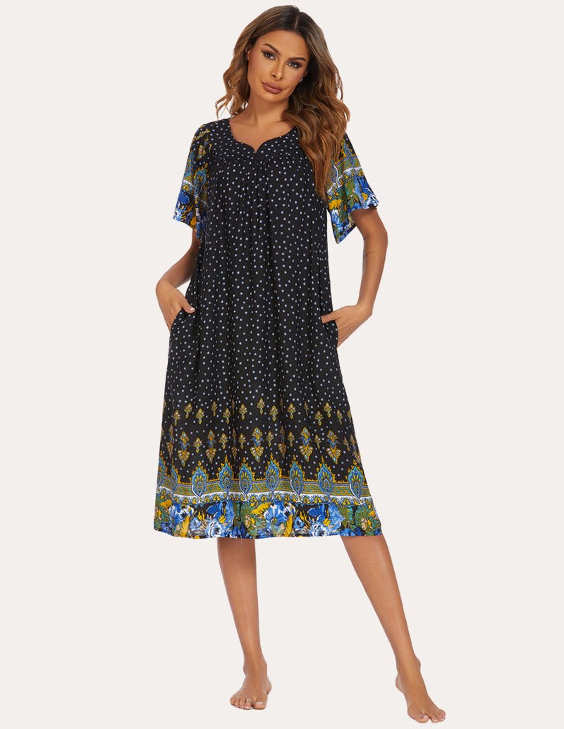 Black ditsy floral midi nightgown with short sleeves and round neckline