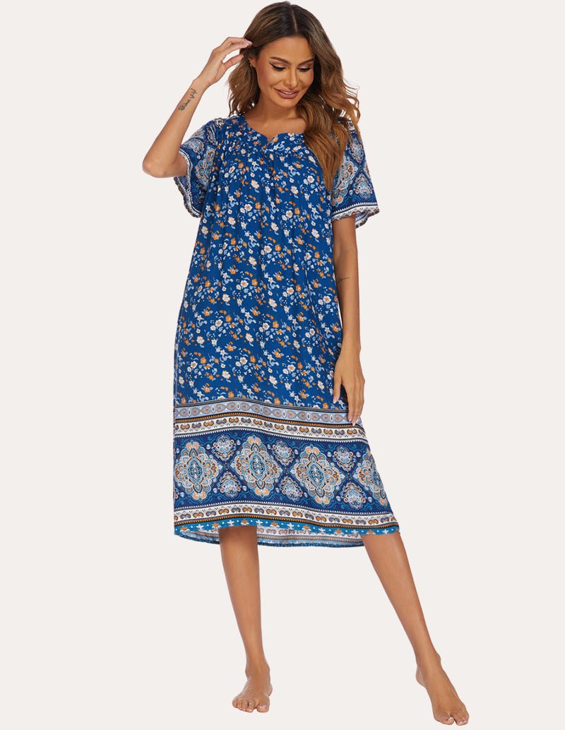 Blue floral print midi nightgown with short sleeves and round neckline