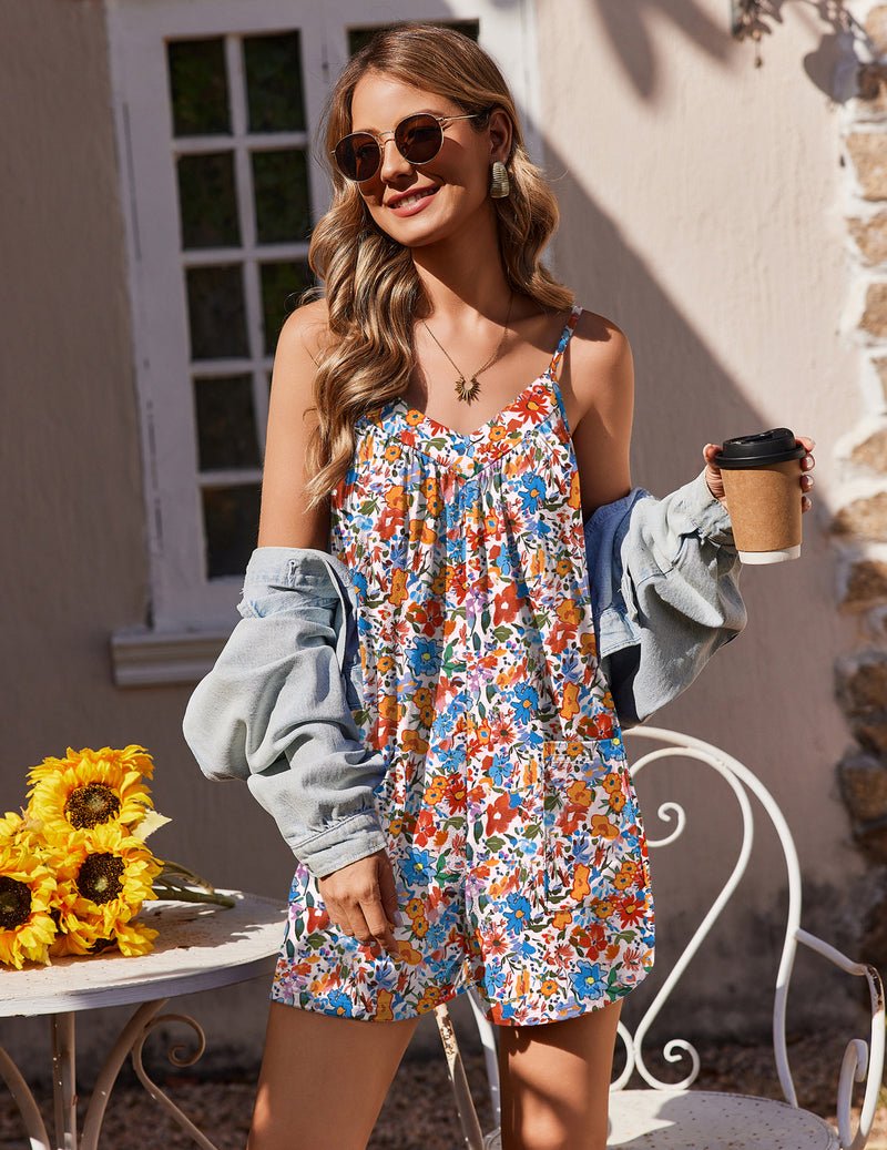 Floral sleeveless romper with scoop V-neck and side pockets, multicolor print