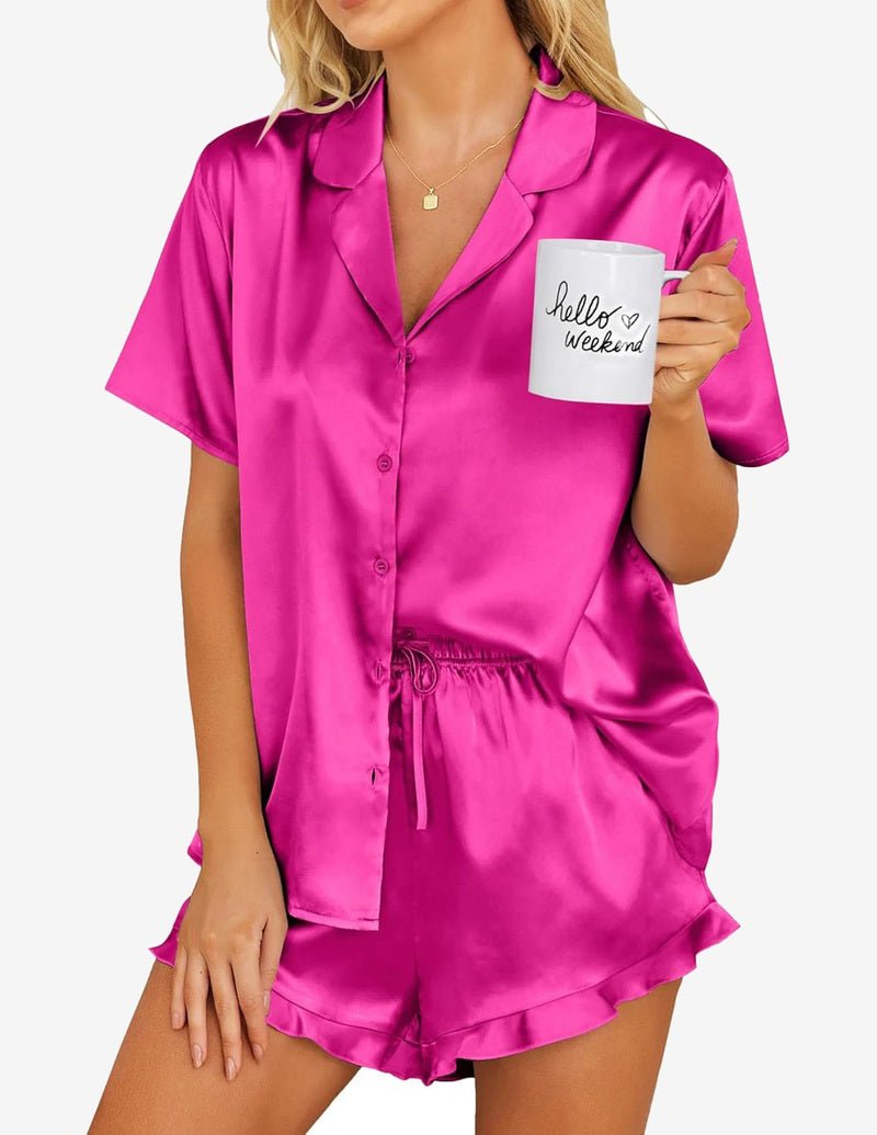 Girls hot pink satin pajama set, short sleeve button top with ruffled drawstring shorts