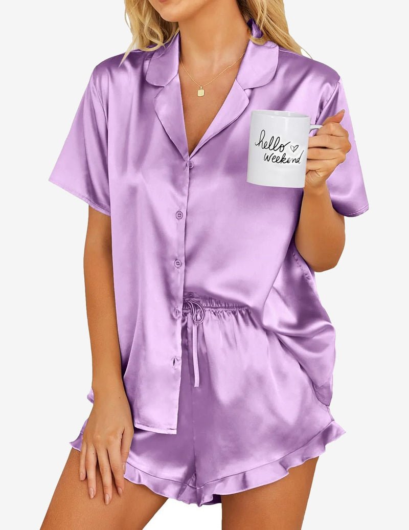 Girls lavender satin pajama set, short sleeve button top with drawstring ruffle shorts
