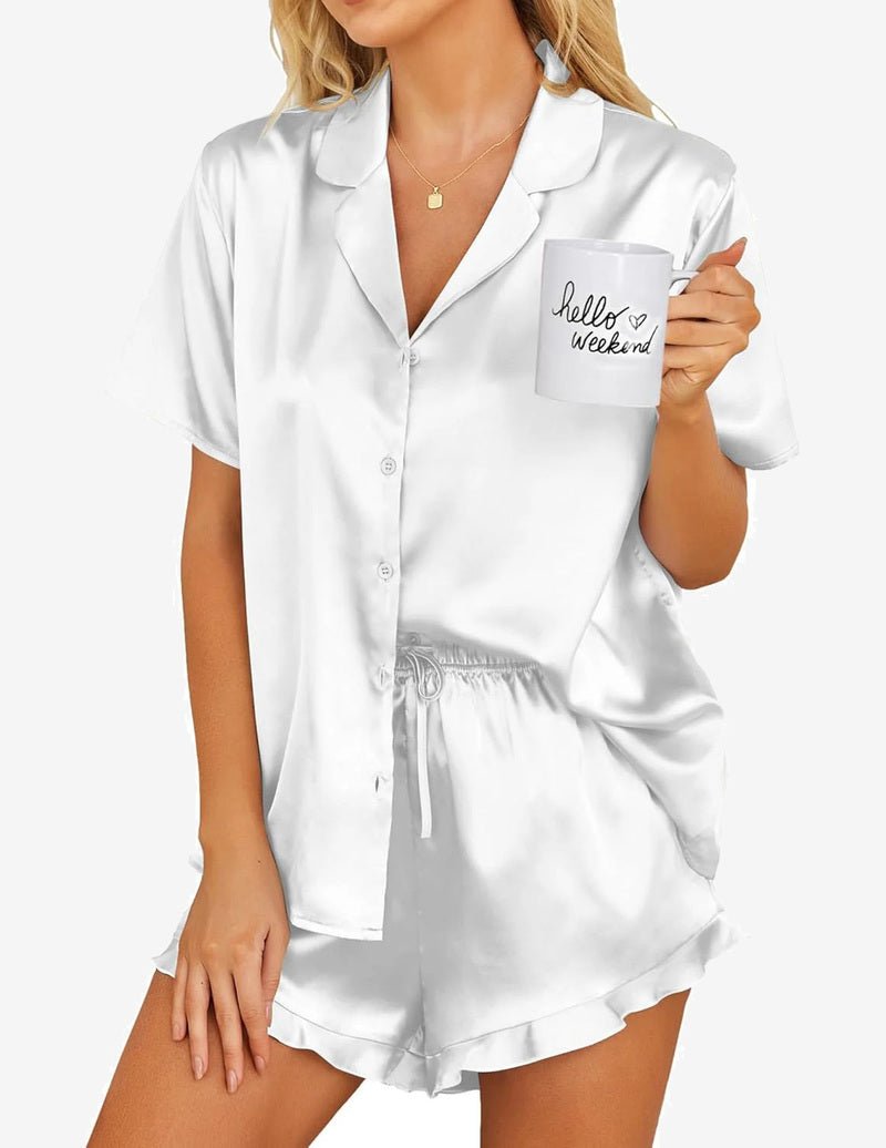 Girls white satin pajama set, short sleeve button top and ruffled drawstring shorts