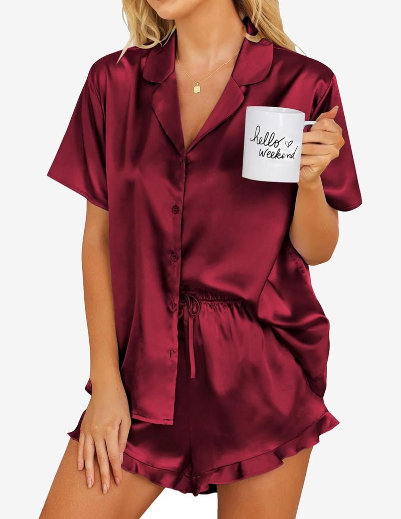 Girls satin pajama set in deep red, short sleeve button top and ruffle-trim shorts