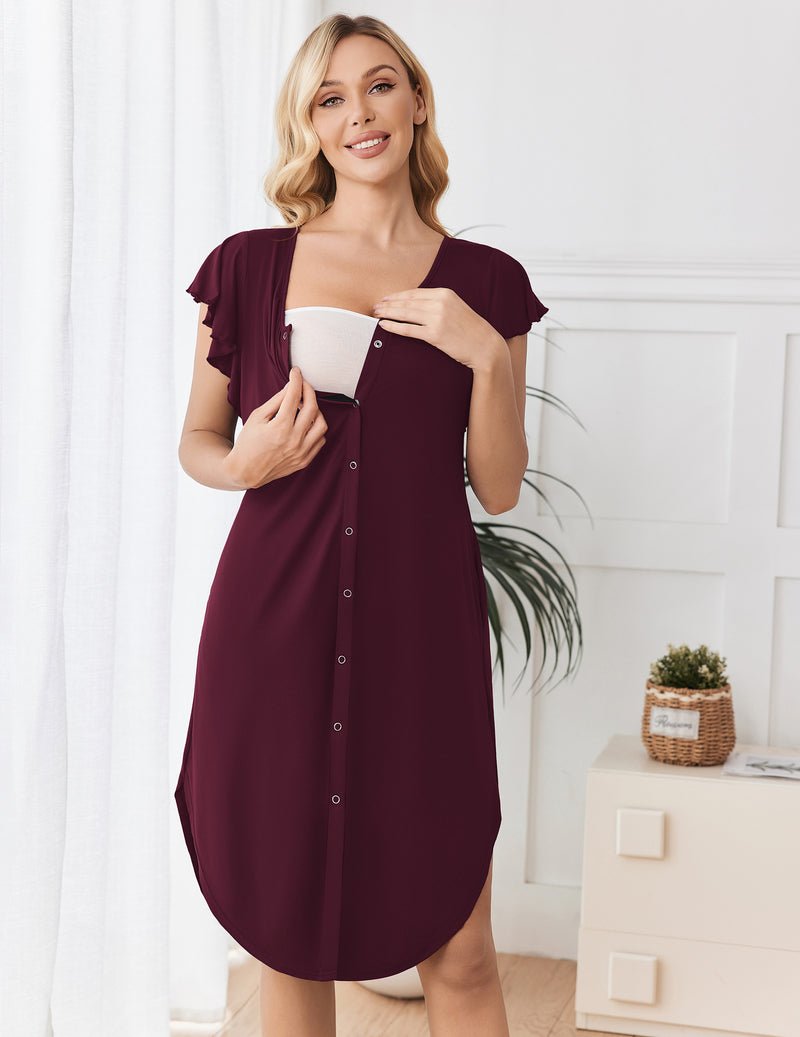 Maternity nightgown in maroon, button-front center and short flutter sleeves