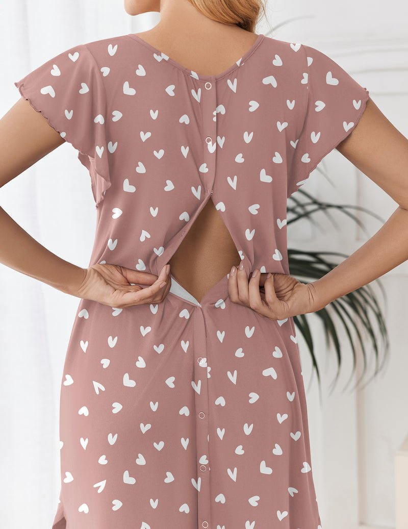 Maternity nightgown back and buttoned placket, mauve with white heart pattern