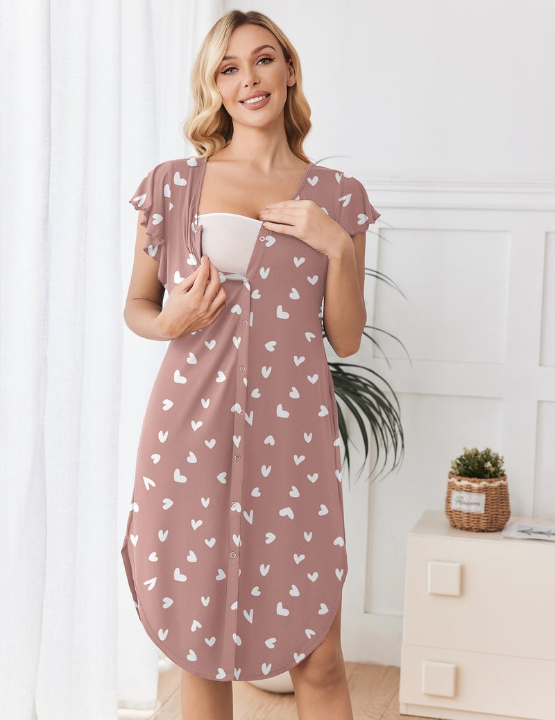 Maternity nursing nightgown 3-in-1, mauve with white heart print, short sleeves