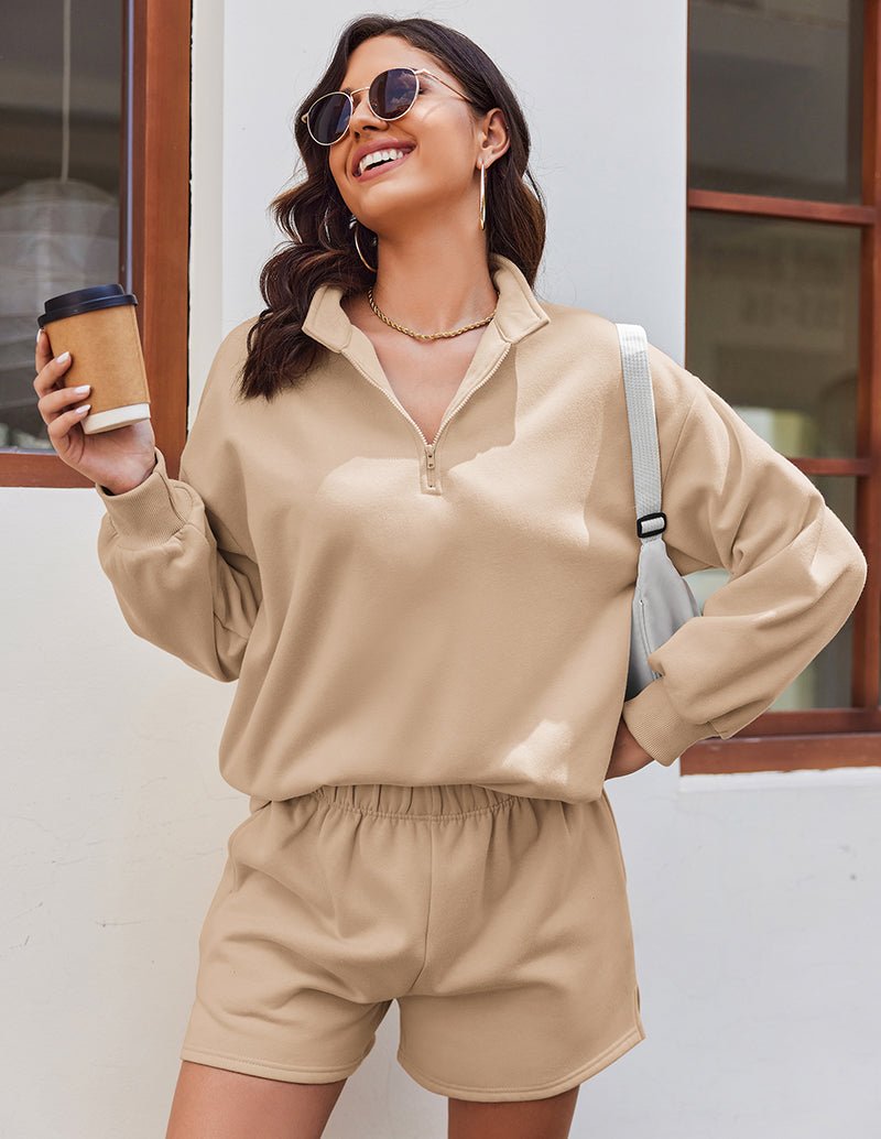 Apricot half-zip lounge pullover with matching drawstring shorts