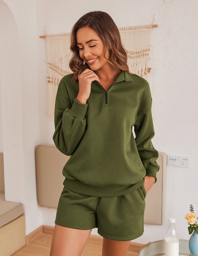 Army green half-zip lounge pullover and matching drawstring shorts