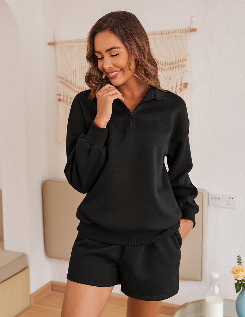 Black half-zip lounge pullover and matching shorts set, long sleeves, elastic waist