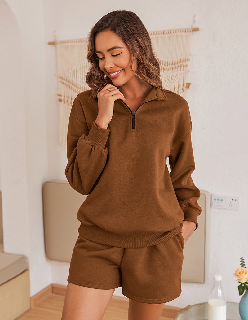 Brown half-zip lounge pullover and matching shorts set, long sleeves, elastic waist