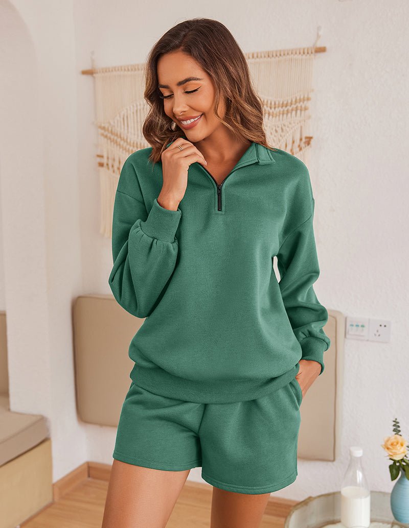 Teal-green half-zip lounge pullover and matching shorts set, long sleeves, elastic waist