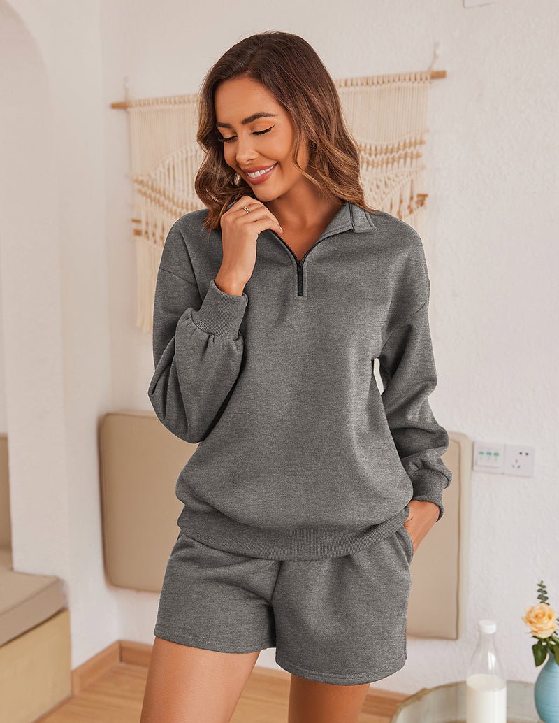Grey half-zip lounge pullover and matching shorts set, long sleeves, elastic waist
