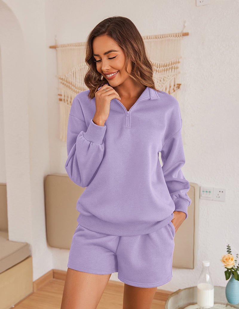 Lavender half-zip lounge pullover and matching shorts set, long sleeves, elastic waist