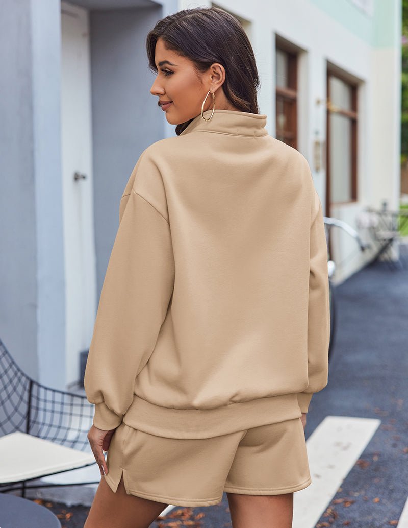 Apricot half-zip lounge pullover and matching shorts set, rear view, long sleeves