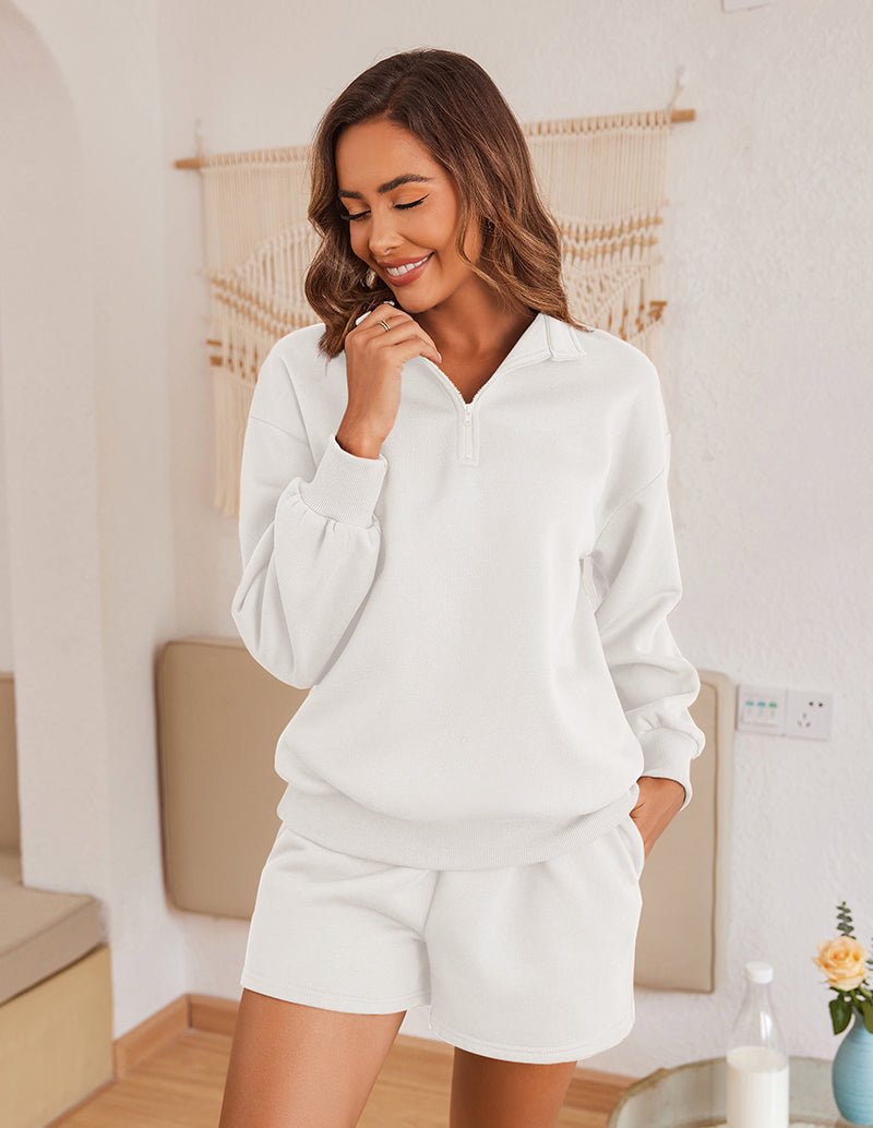 White half-zip lounge pullover and matching shorts set, long sleeves, elastic waist