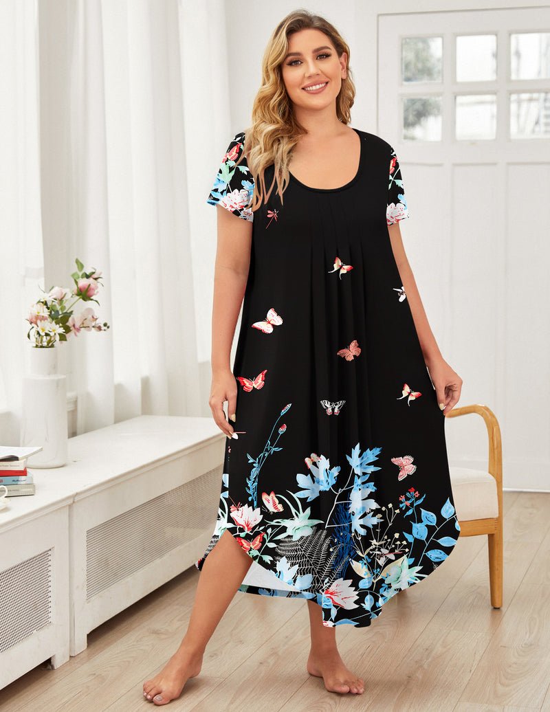 Ekouaer House Dress Plus Size Pleated Full Length Dress
