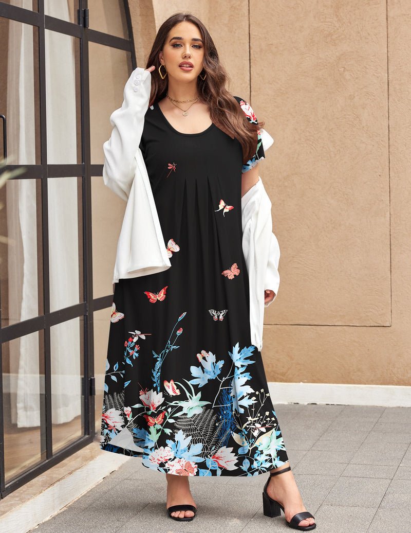 Ekouaer House Dress Plus Size Pleated Full Length Dress