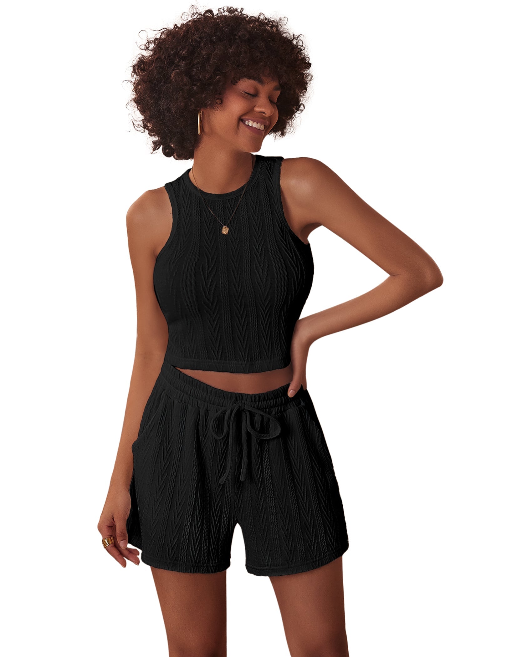 Black jacquard sleeveless top with matching elastic-waist shorts, pajama set