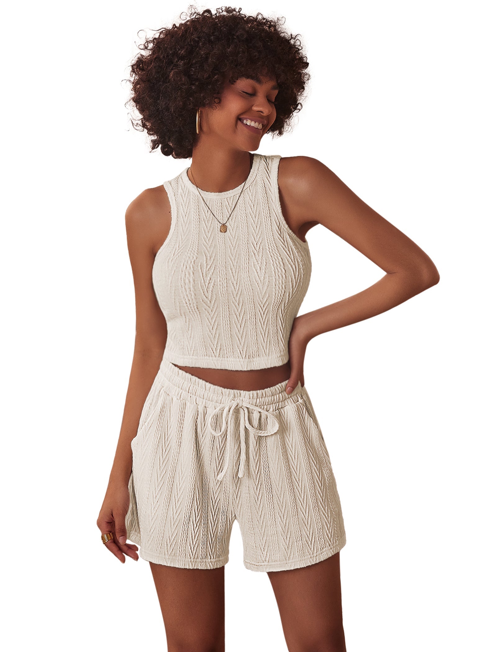 Cream jacquard sleeveless pajama set with crop tank and drawstring shorts