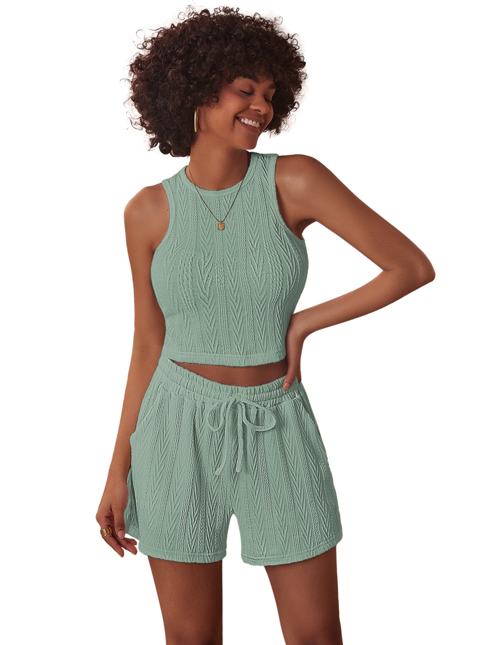 Green jacquard sleeveless pajama set with crop tank and drawstring shorts