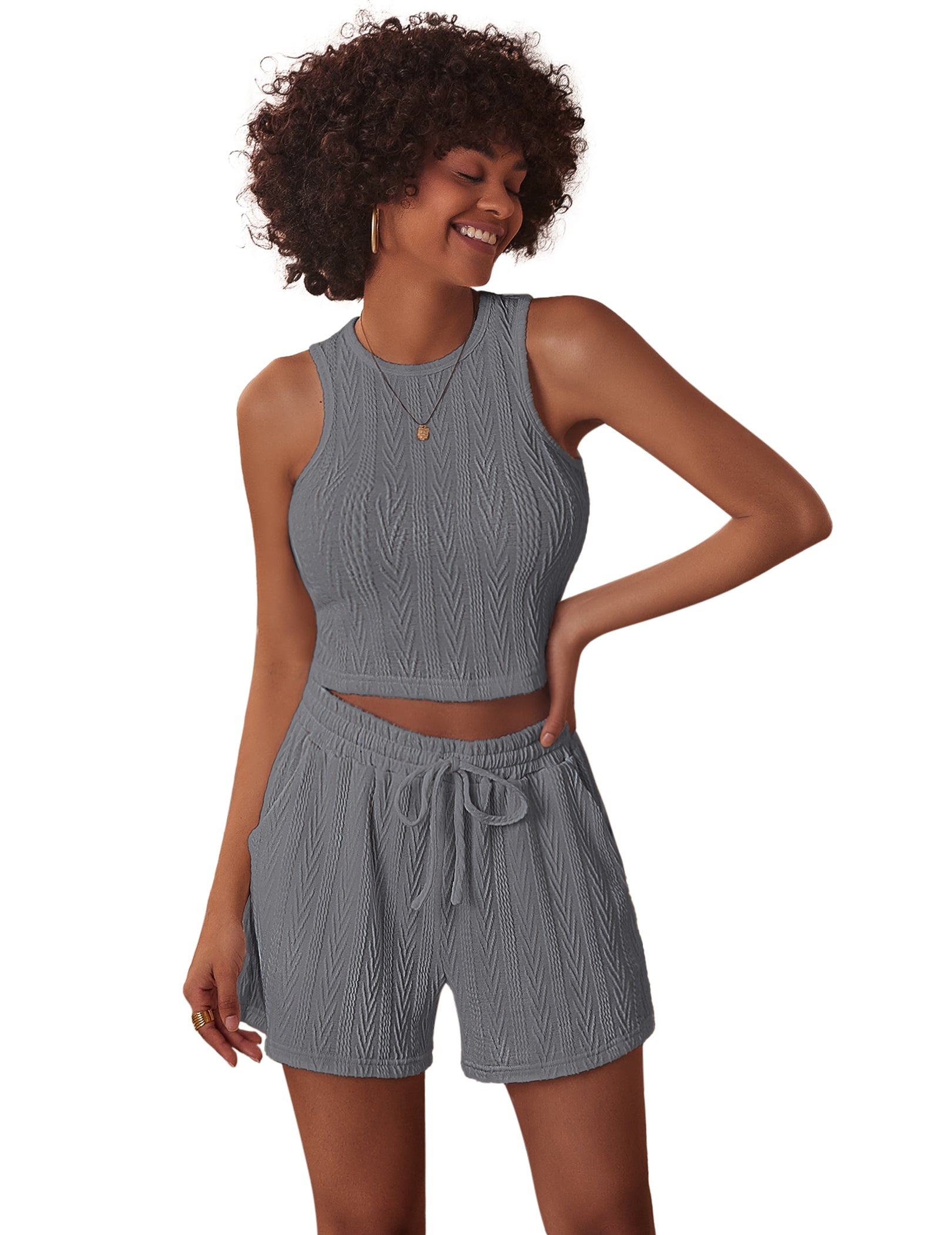 Grey jacquard sleeveless pajama set with crop tank and drawstring shorts
