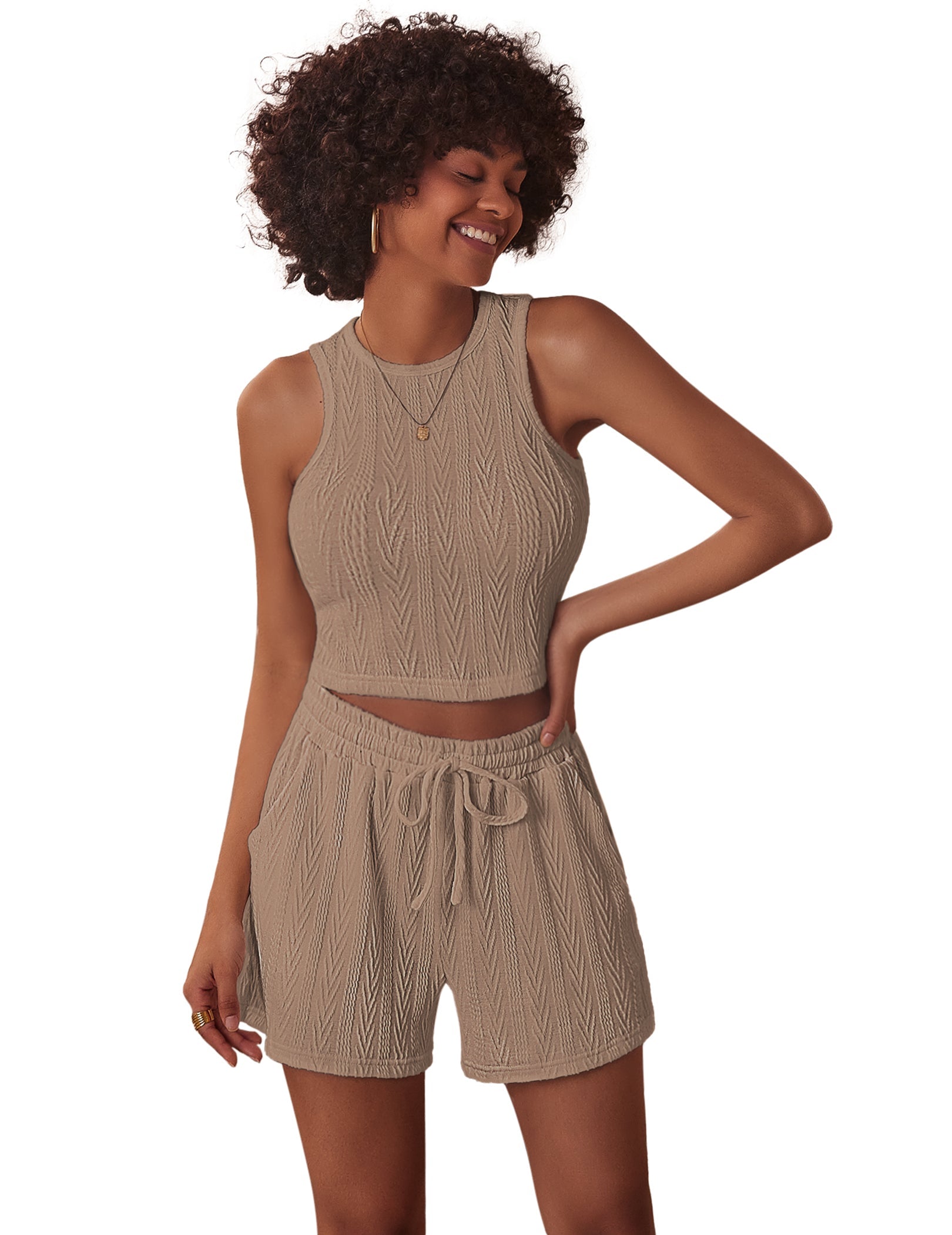 Khaki jacquard sleeveless pajama set with crop tank and drawstring shorts