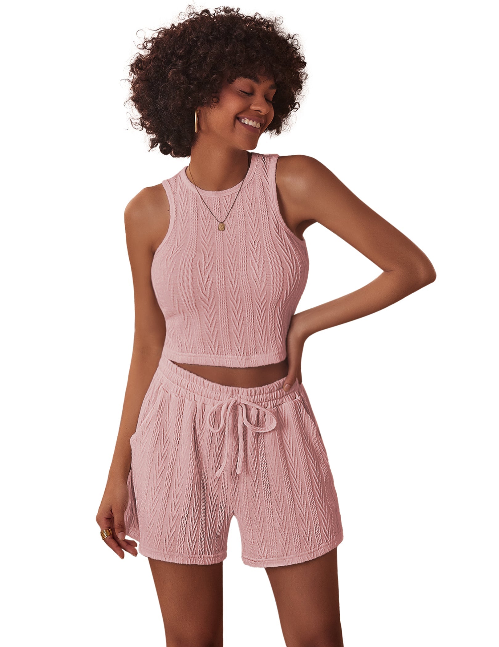 Pink jacquard sleeveless pajama set with crop tank and drawstring shorts