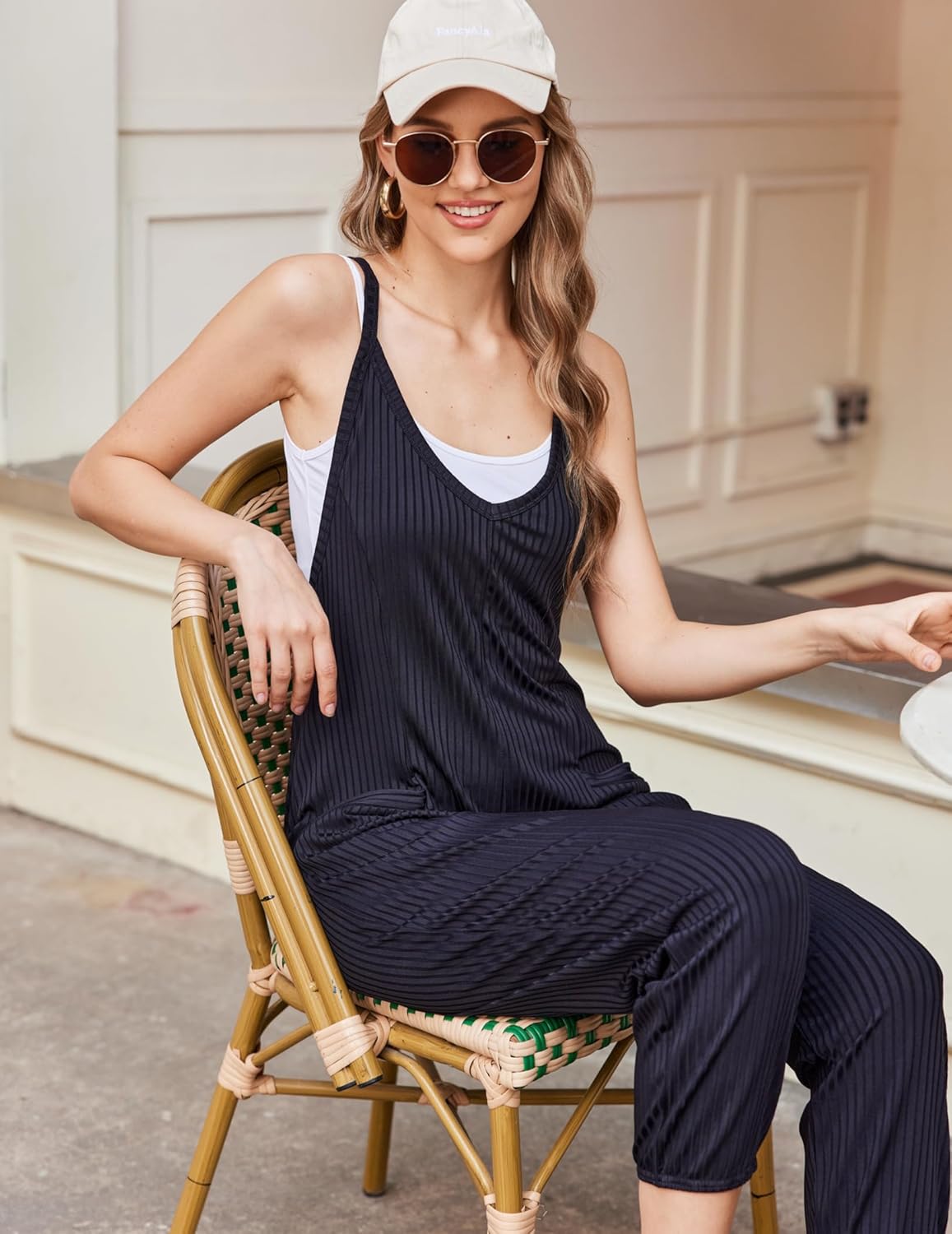 Ekouaer Jumpsuits for Women Sleeveless Ribbed Overall Jumpsuit Romper