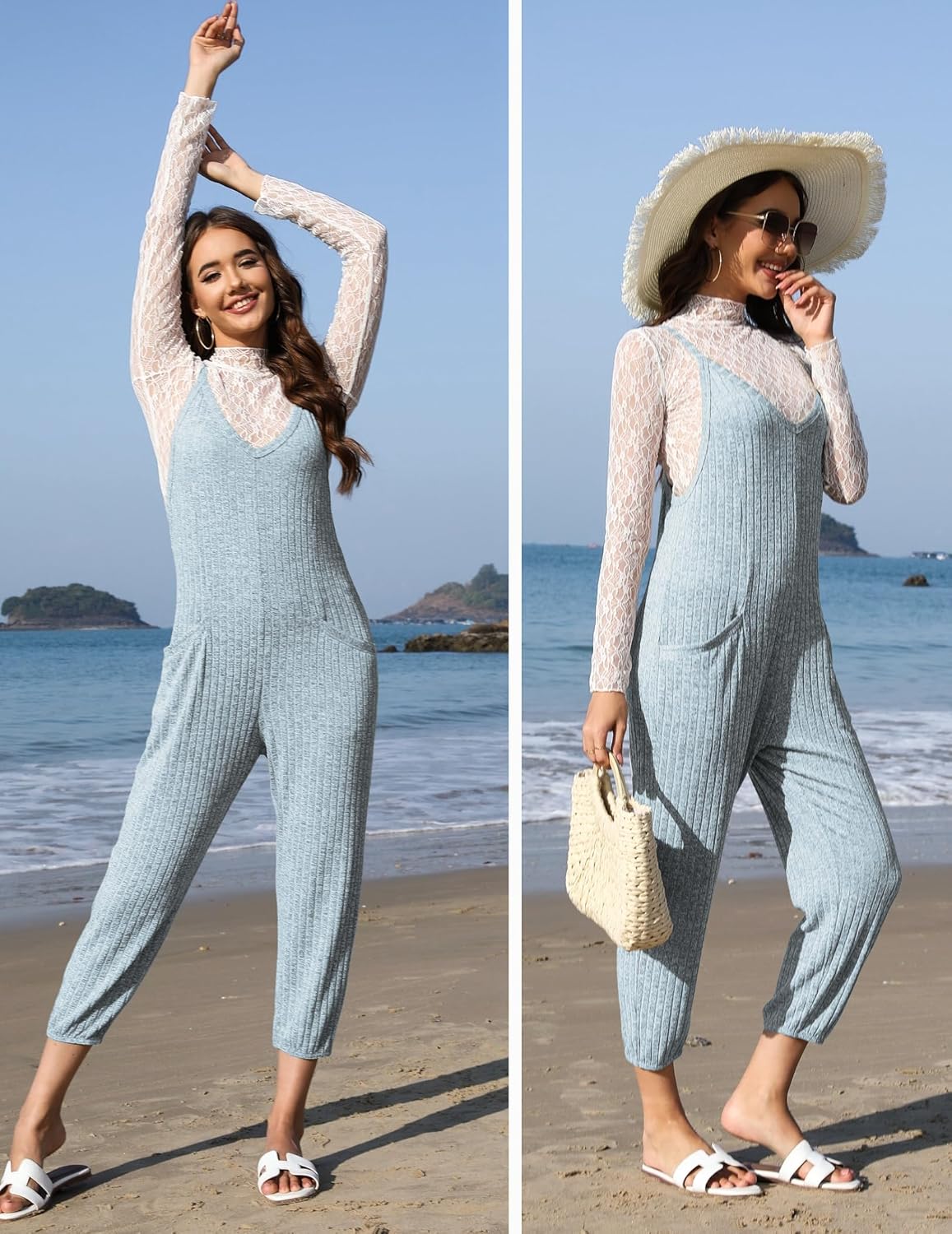Ekouaer Jumpsuits for Women Sleeveless Ribbed Overall Jumpsuit Romper