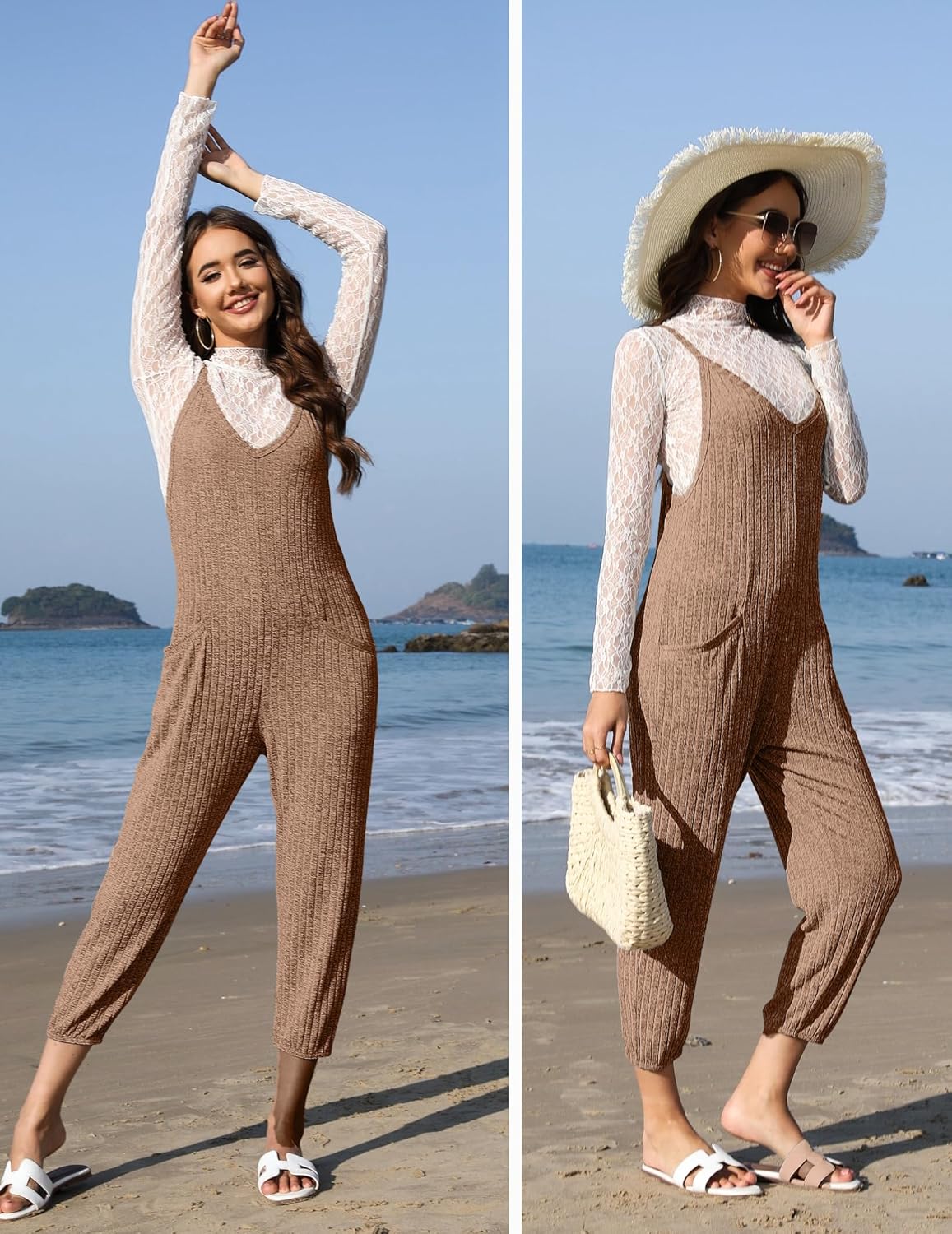 Ekouaer Jumpsuits for Women Sleeveless Ribbed Overall Jumpsuit Romper