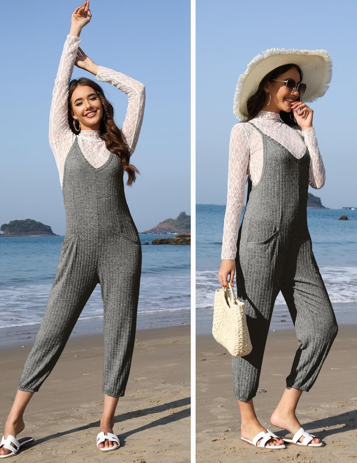 Ekouaer Jumpsuits for Women Sleeveless Ribbed Overall Jumpsuit Romper
