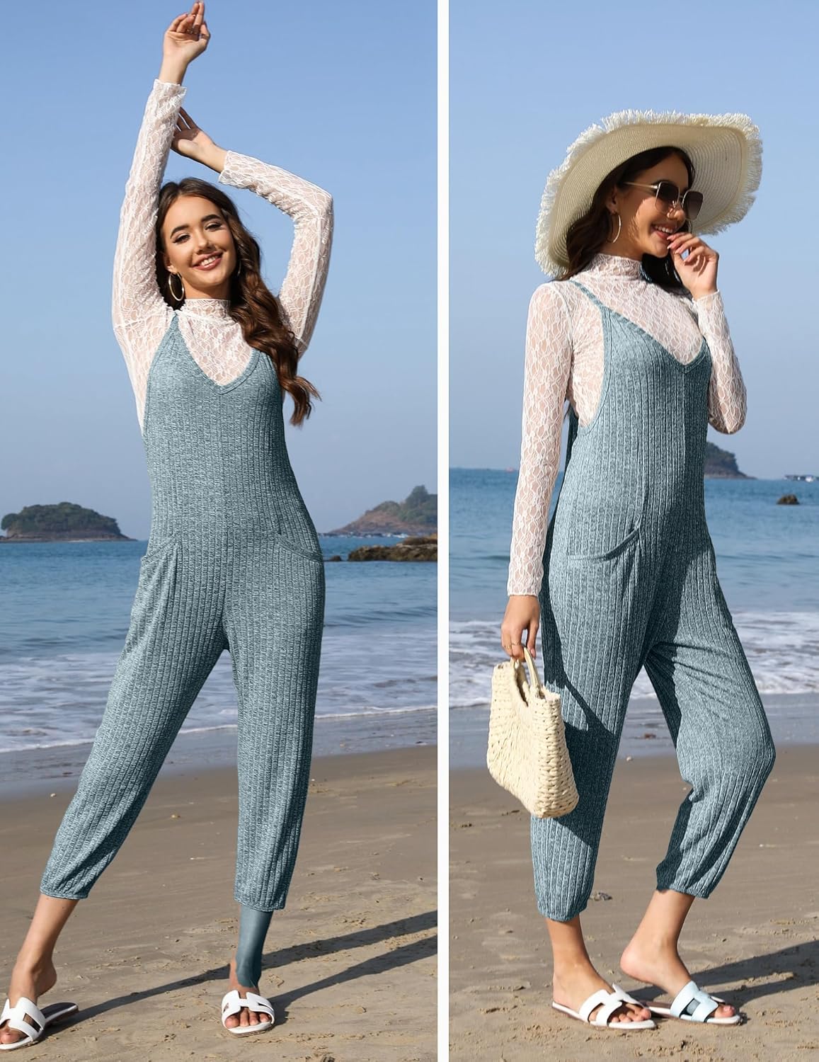 Ekouaer Jumpsuits for Women Sleeveless Ribbed Overall Jumpsuit Romper