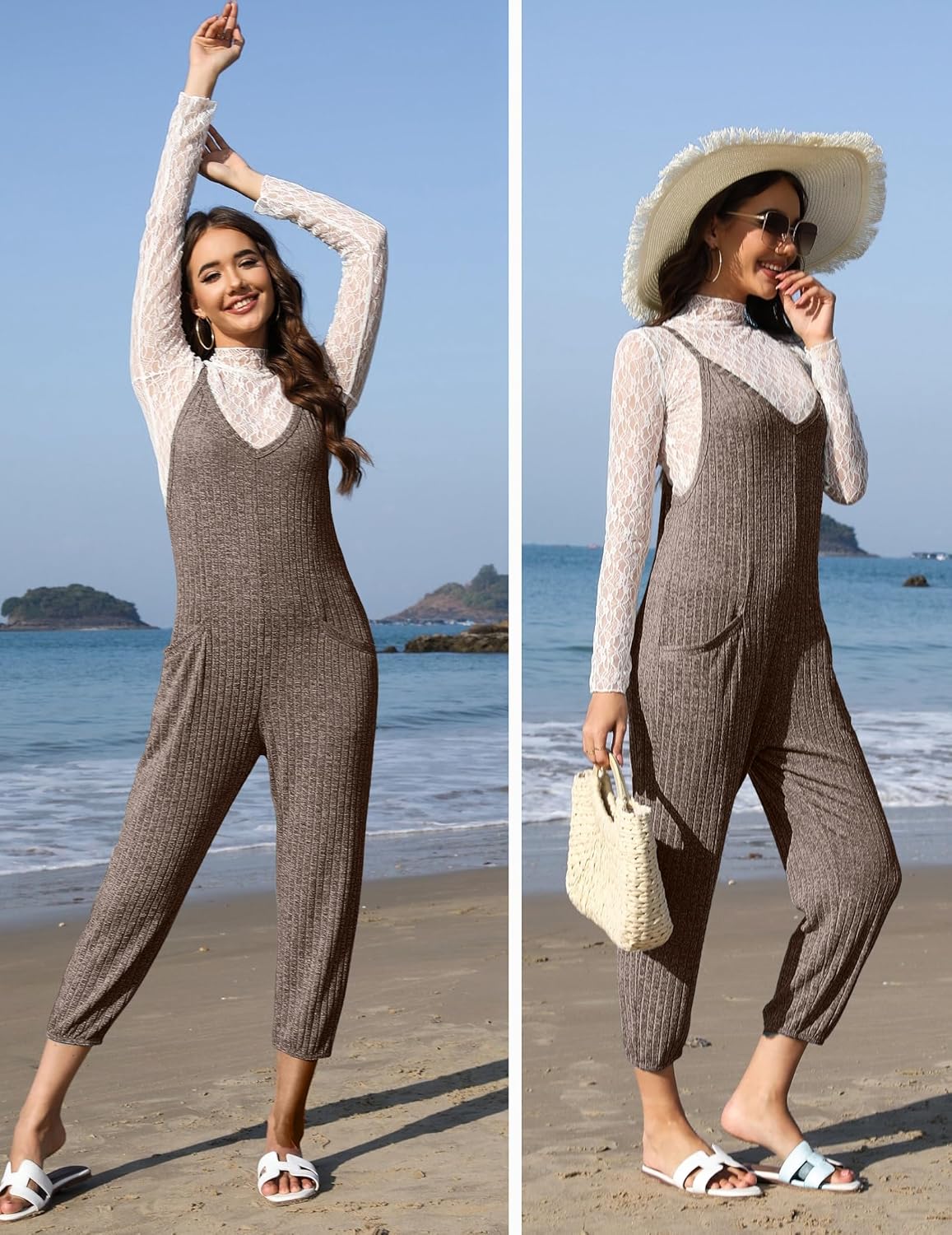 Ekouaer Jumpsuits for Women Sleeveless Ribbed Overall Jumpsuit Romper
