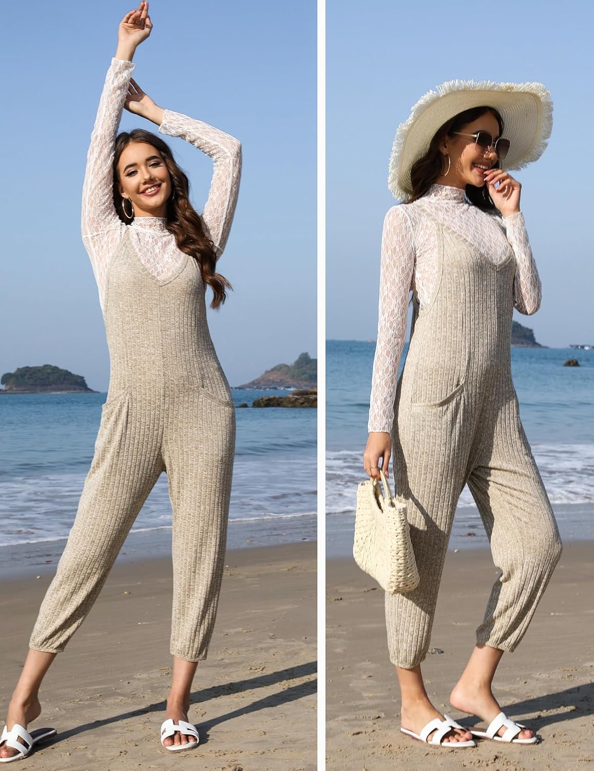 Ekouaer Jumpsuits for Women Sleeveless Ribbed Overall Jumpsuit Romper